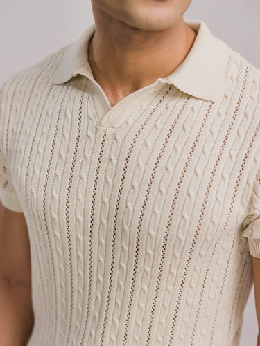 Ecru Resonance Cable Knit Polo in Cannoli Cream, image 3