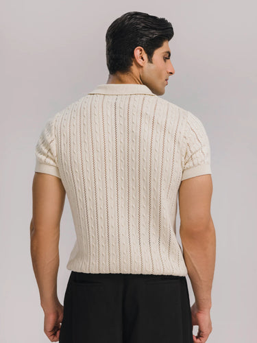 Ecru Resonance Cable Knit Polo in Cannoli Cream, image 4