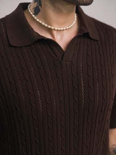 Twisted Hour Cable Knit Polo in Demitasse, image 3