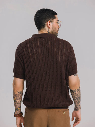 Twisted Hour Cable Knit Polo in Demitasse, image 4